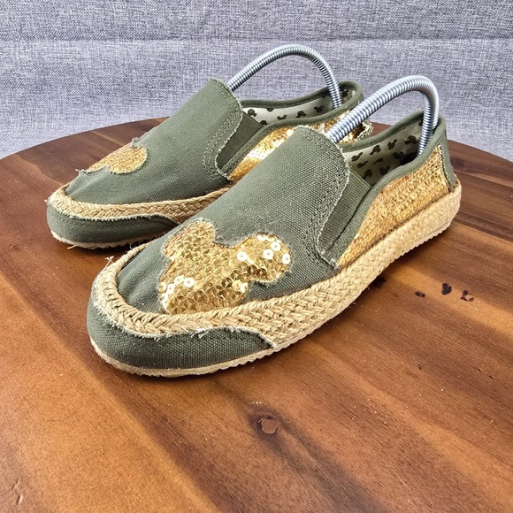Disney Mickey Mouse Olive Green Sequin Espadrille Slip On Shoes Size 8 - Picture 4 of 15